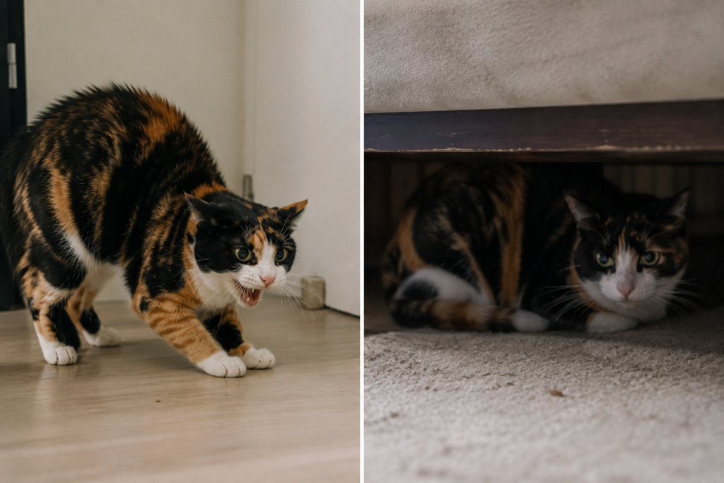 Calico cat standing on a light floor with mouth open, as if meowing or hissing.