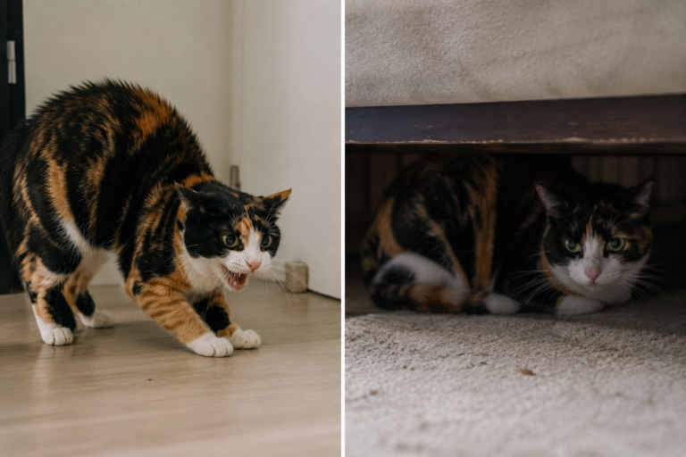 Calico cat standing on a light floor with mouth open, as if meowing or hissing.