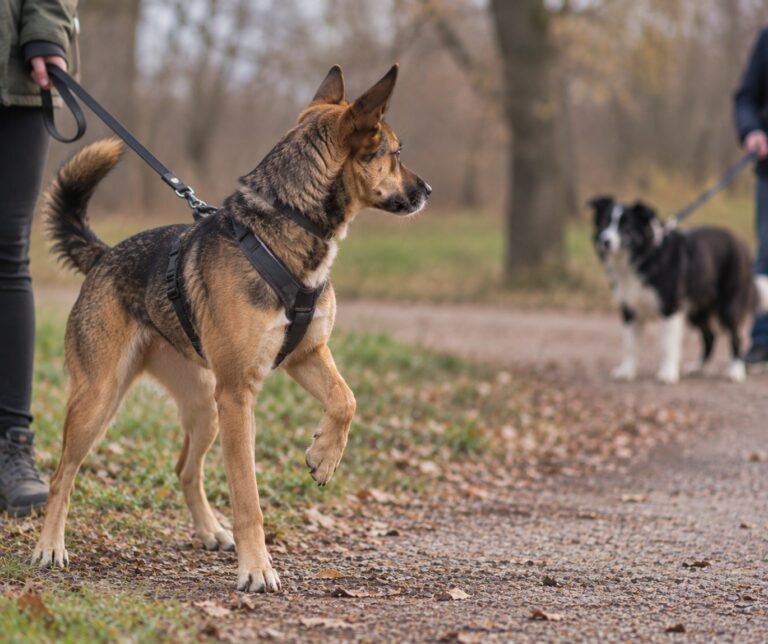 German Shepherd on a leash in a park, foreground dog wearing a harness, with a second dog on a leash in the background on a leaf-strewn path.